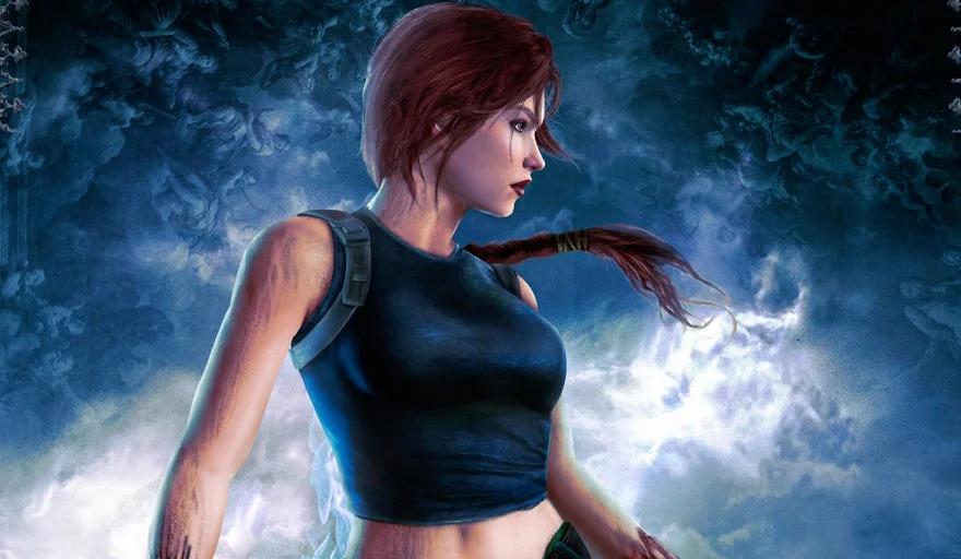 A digital painting of Lara Croft from Tomb Raider in a dynamic pose with a stormy, mystical background.