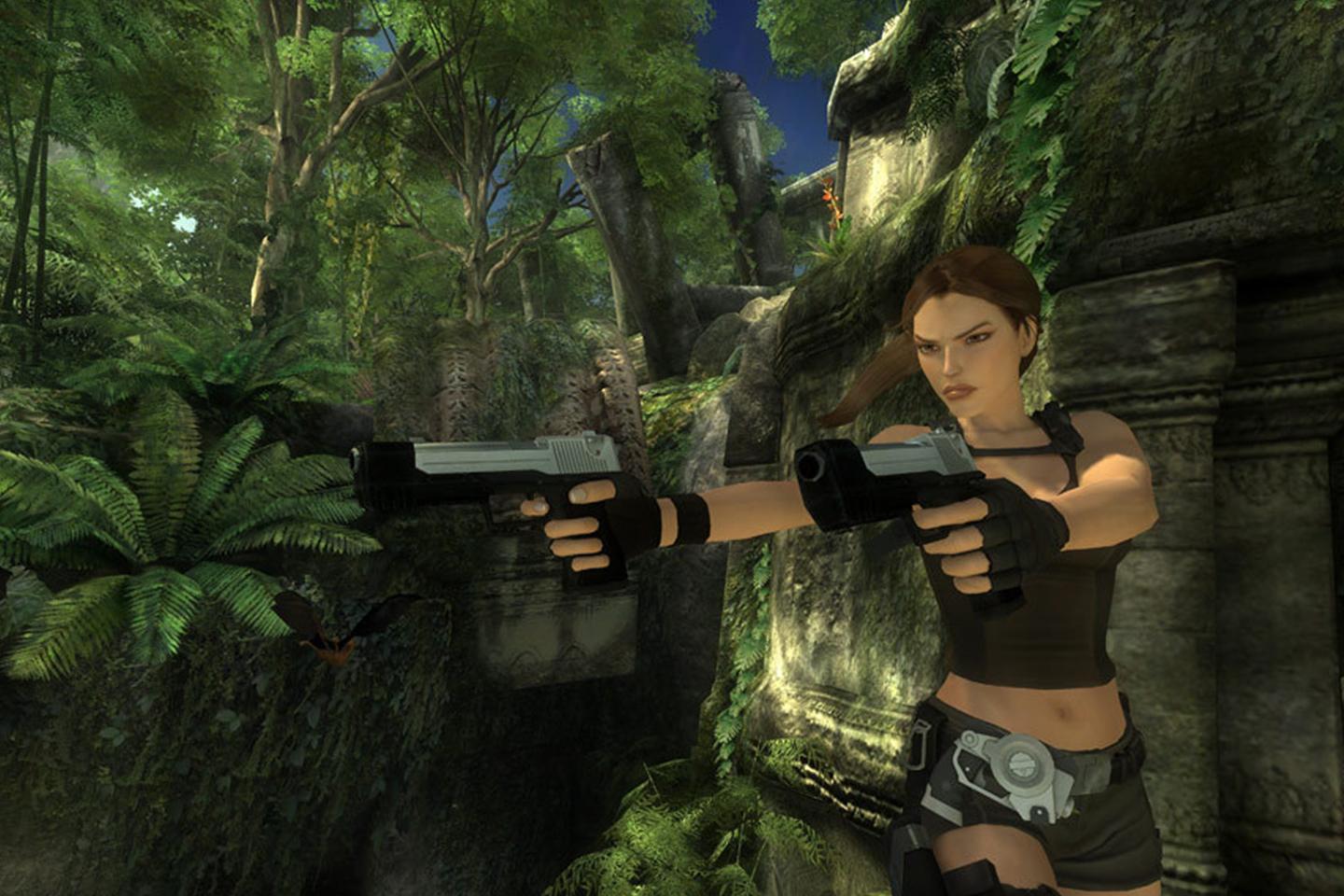 Lara holding two guns near tomb wall in mossy forest.