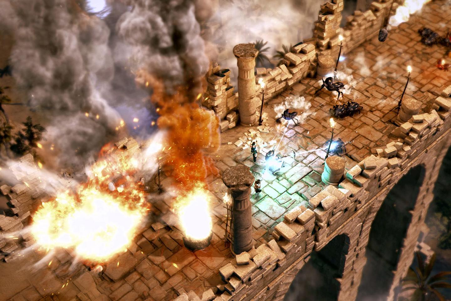 An intense battle scene from a Tomb Raider game on a stone bridge with characters dodging explosions and attacking skeletal warriors amidst crumbling ruins.
