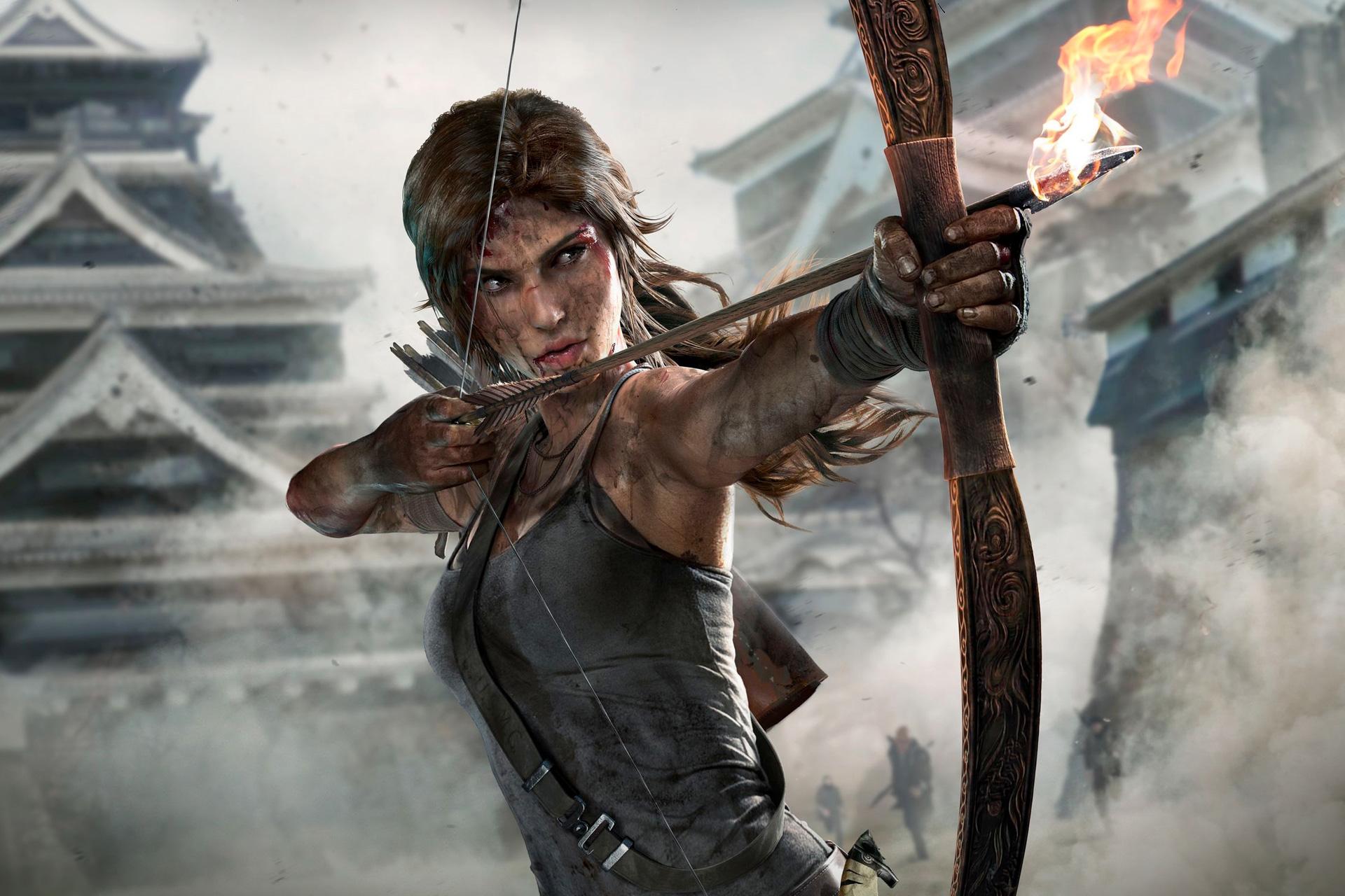 Lara Croft pointing a flaming arrow off screen. 