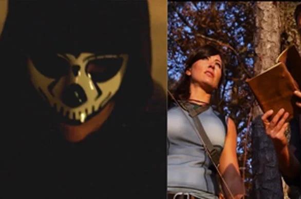A split image showing a shadowy, menacing skull figure on the left and Lara Croft looking up at a document with a surprised expression on the right.