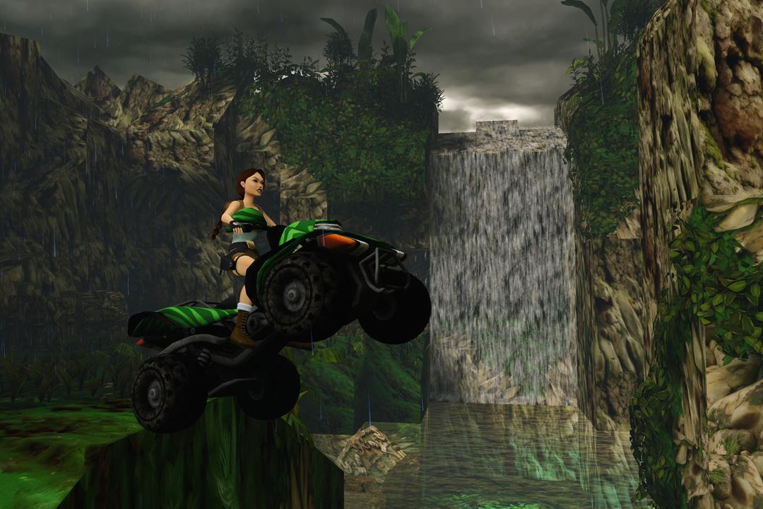 Lara jumping with a green quad bike over the river Ganges