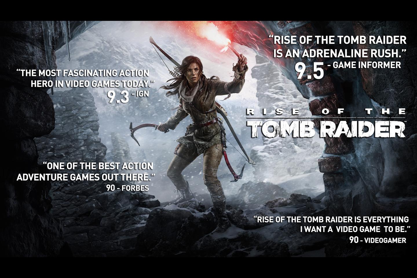 Promotional image for Rise of the Tomb Raider featuring Lara Croft in a snowy landscape with critical acclaim quotes and scores from various publications overlaying the scene.