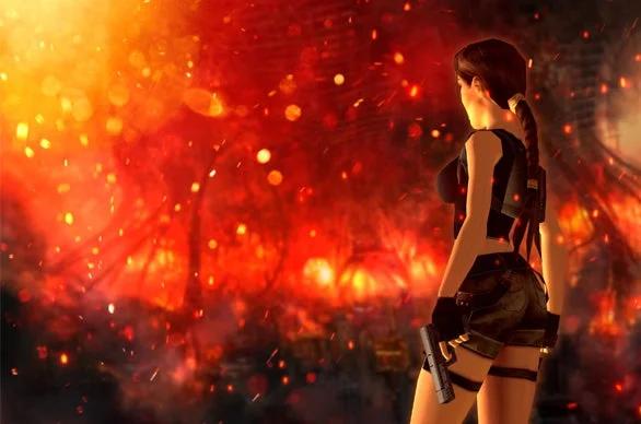 A scene from a Tomb Raider game showing Lara Croft looking out over a fiery landscape, reflecting danger and adventure.