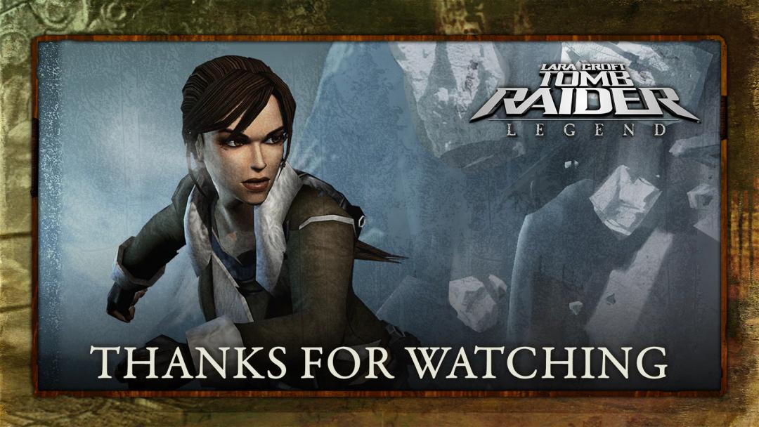 A "Tomb Raider Legend" streaming graphic with Lara Croft in action, accompanied by the text "Thanks for Watching."