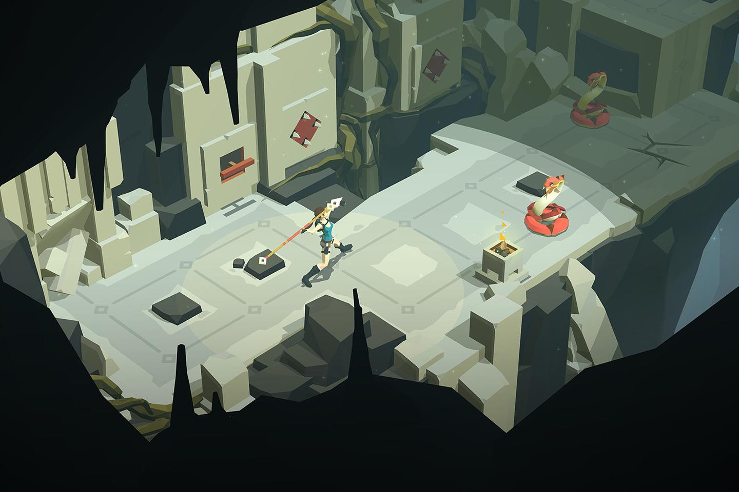 A screenshot from a puzzle game depicting a character using a grappling hook to interact with an ancient statue mechanism in a subterranean chamber.