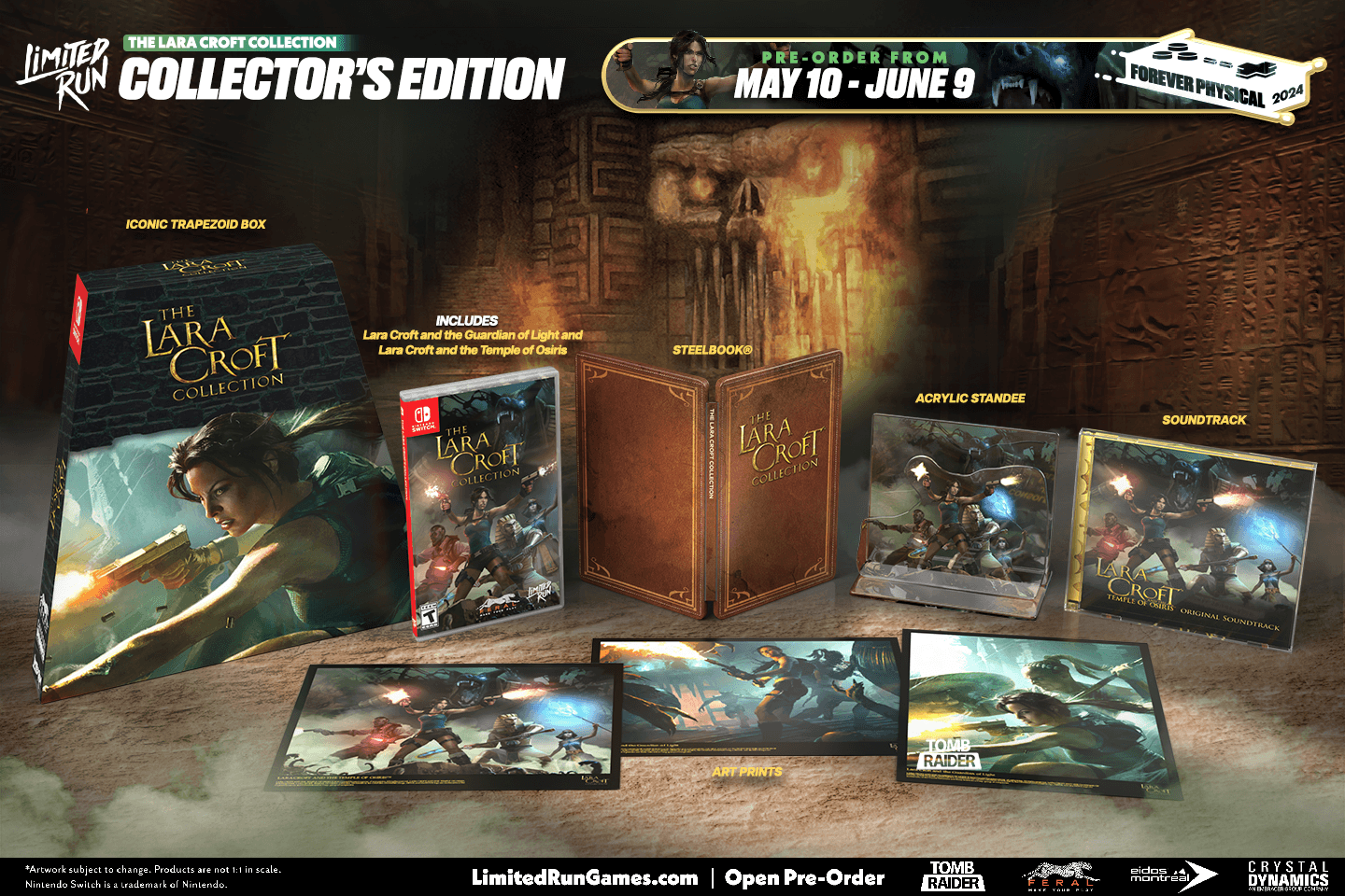 A bundle of goodies included in Limited Run Games' physical edition of the Lara Croft Collection.