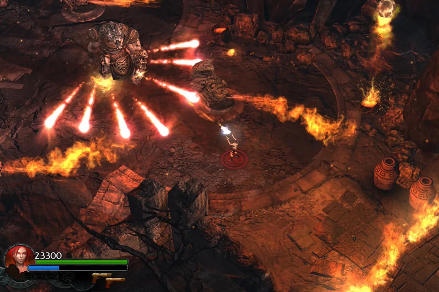 A dynamic screenshot from a Tomb Raider game displaying a character avoiding a fiery trap with multiple flame jets and projectiles in an underground cavern setting.