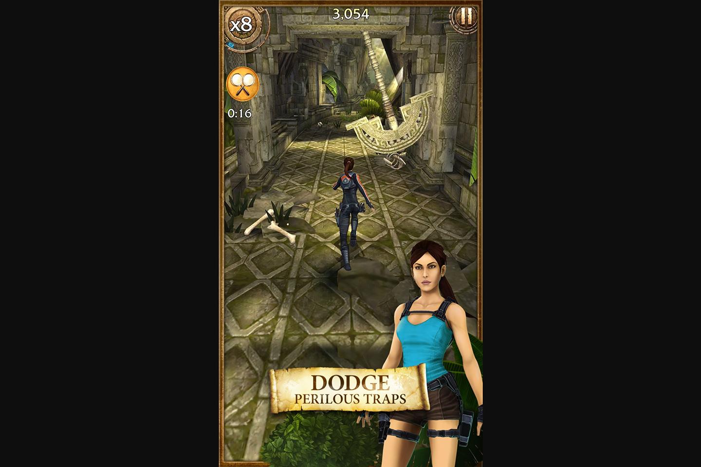 A mobile game screenshot showing Lara Croft in a temple corridor, with a 'Dodge Perilous Traps' caption, as she prepares to evade a giant dinosaur skeleton.