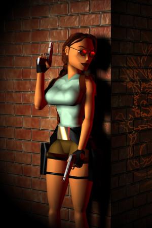 Lara Croft standing against a brick wall with one arm raised. 