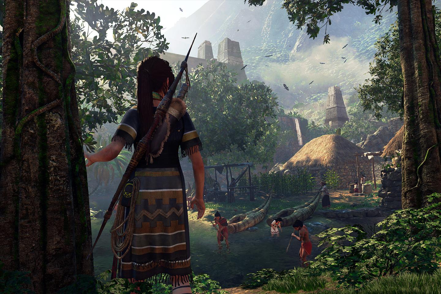 A tranquil scene from a Tomb Raider game showing Lara Croft with a bow, overlooking a village with thatched huts amidst a lush jungle, under the shadow of a mysterious stone structure.