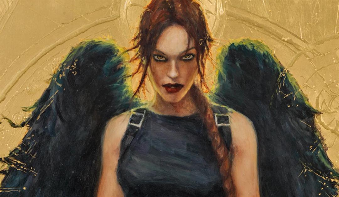 A painting of Lara Croft with an intense gaze, featuring dark angel wings against a golden background, evoking a strong, supernatural theme.