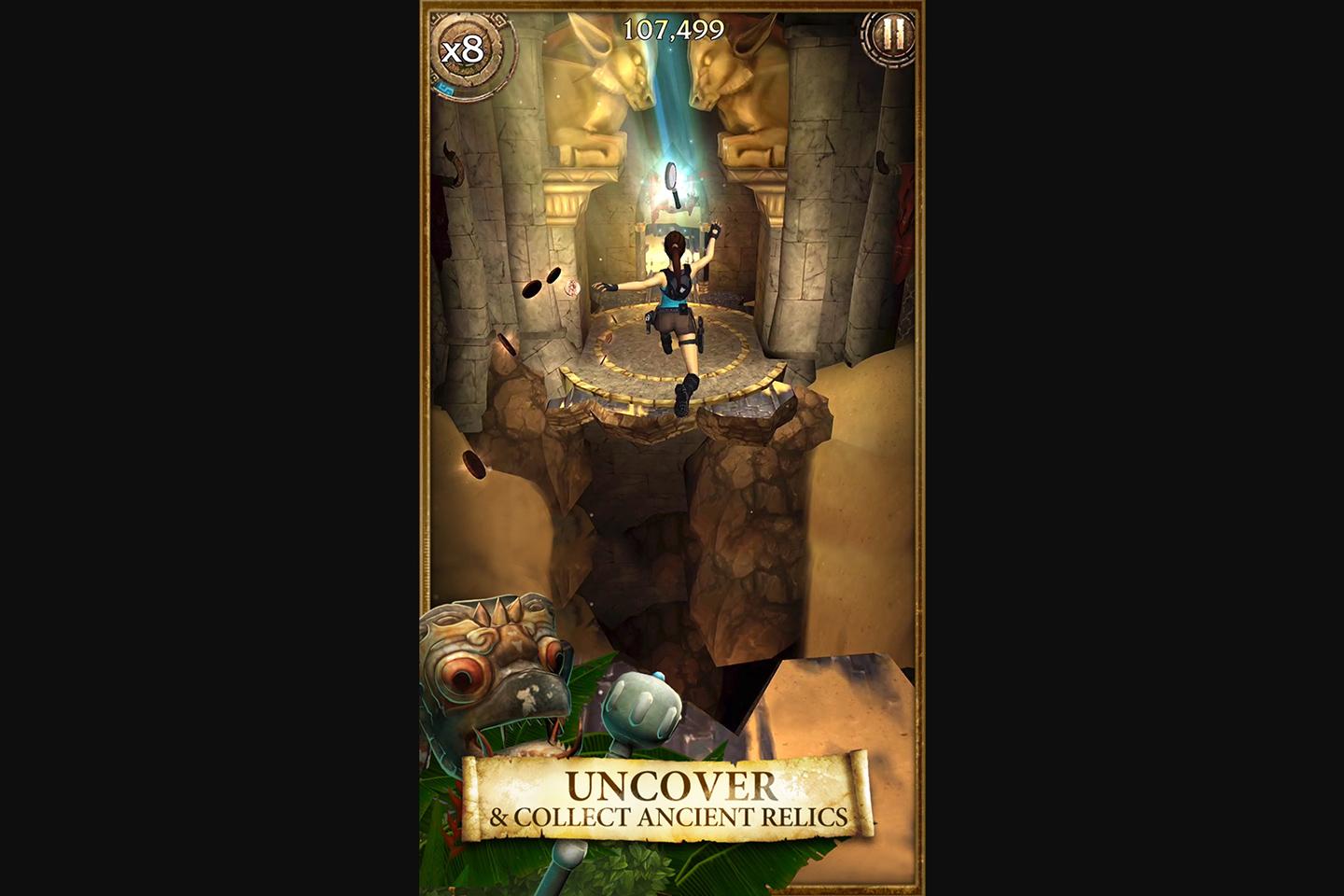 An in-game action scene displaying Lara Croft leaping over a chasm in a cave, with a caption 'Uncover & Collect Ancient Relics,' highlighting the game's exploration aspect.