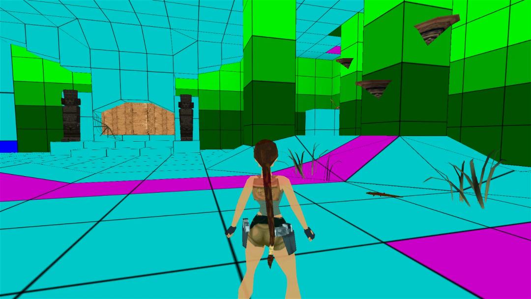 Lara Croft in a surreal, brightly colored digital landscape with geometric shapes.
