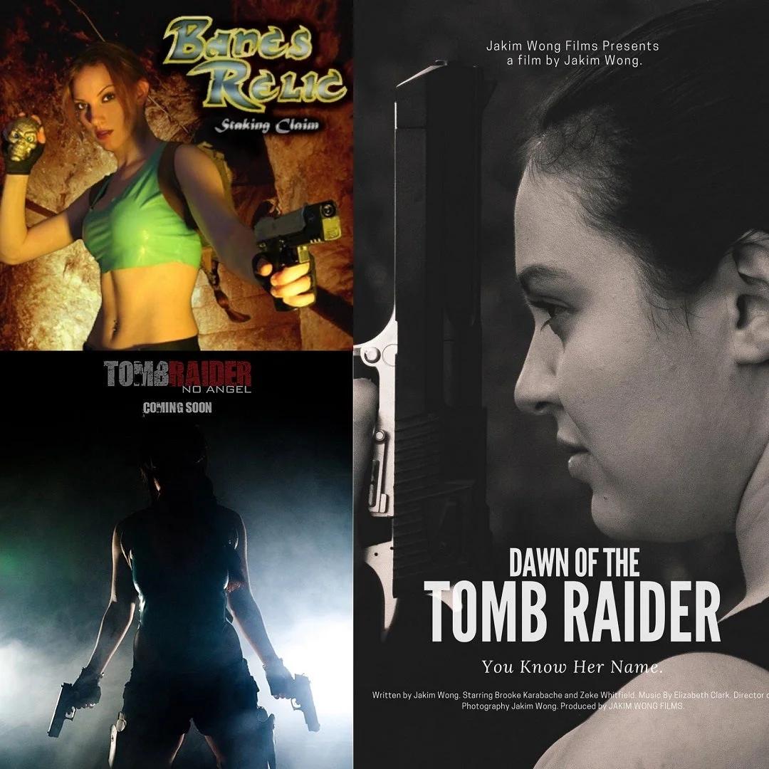 A dual promotional poster featuring Lara Croft on one side and a modern, grayscale image teasing the 'Dawn of the Tomb Raider' on the other.