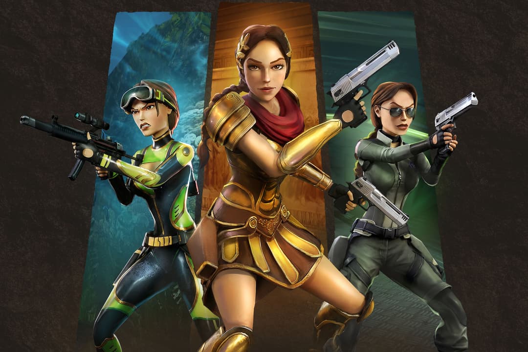 Tomb Raider game promotional artwork showcasing three different costume variants or skins of Lara Croft displayed side by side against a dark textured background with three vertical panel backdrops. The center figure is the most prominent, depicted in ornate gold and bronze ancient warrior armor with a red scarf, gold laurel leaf hair accessory, and a braided updo, set against a warm amber temple background. To the left, Lara wears a green and black futuristic wetsuit with tactical goggles pushed up on her head, carrying a scoped assault rifle, set against an underwater teal backdrop. To the right, Lara is styled in a sleek olive/military green tactical outfit with aviator sunglasses and a side braid, dual-wielding silver pistols against a dark green background. All three versions share the same confident, combat-ready expression and stylized animated art style.