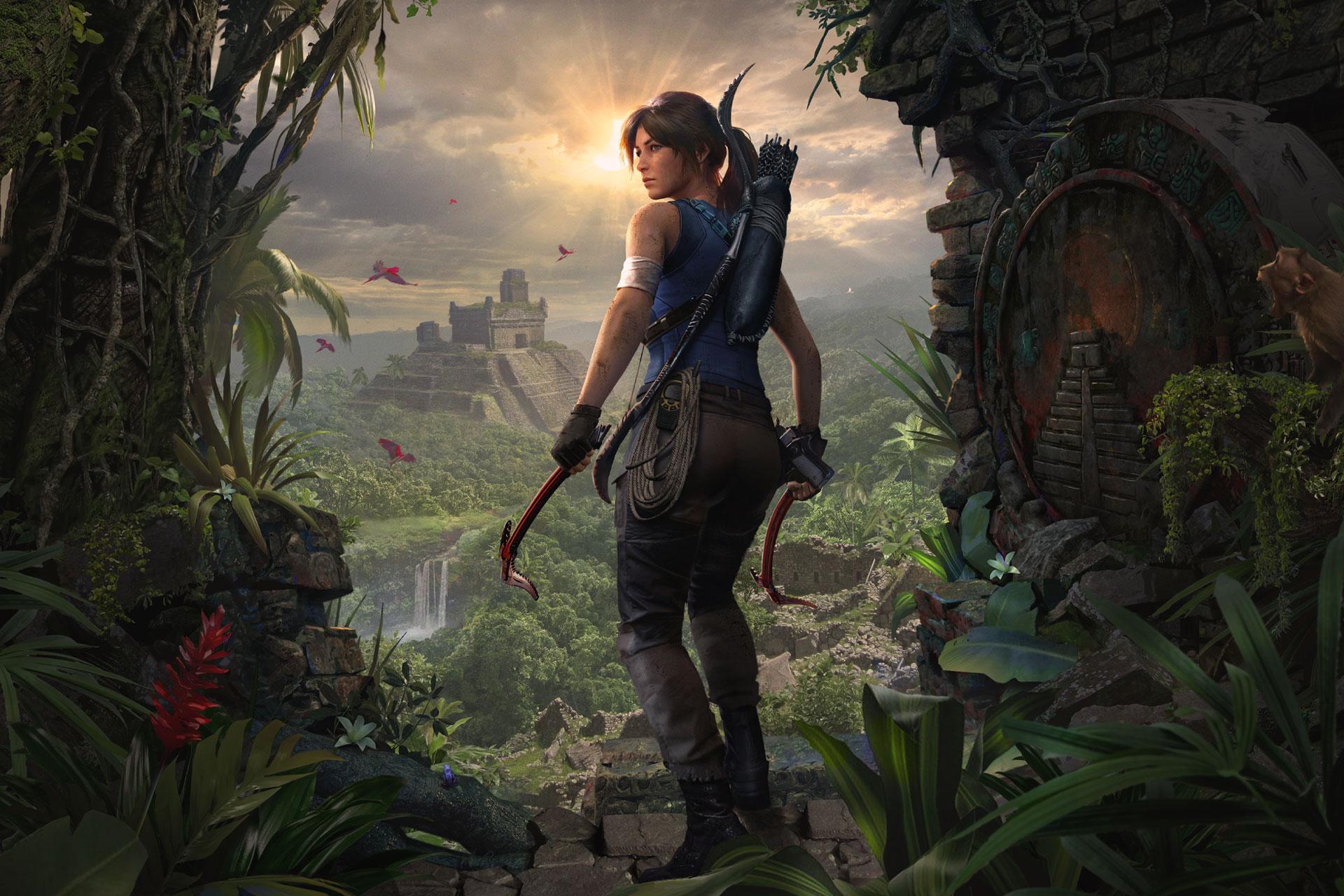 Lara Croft standing in a jungle with an ancient city in the background.