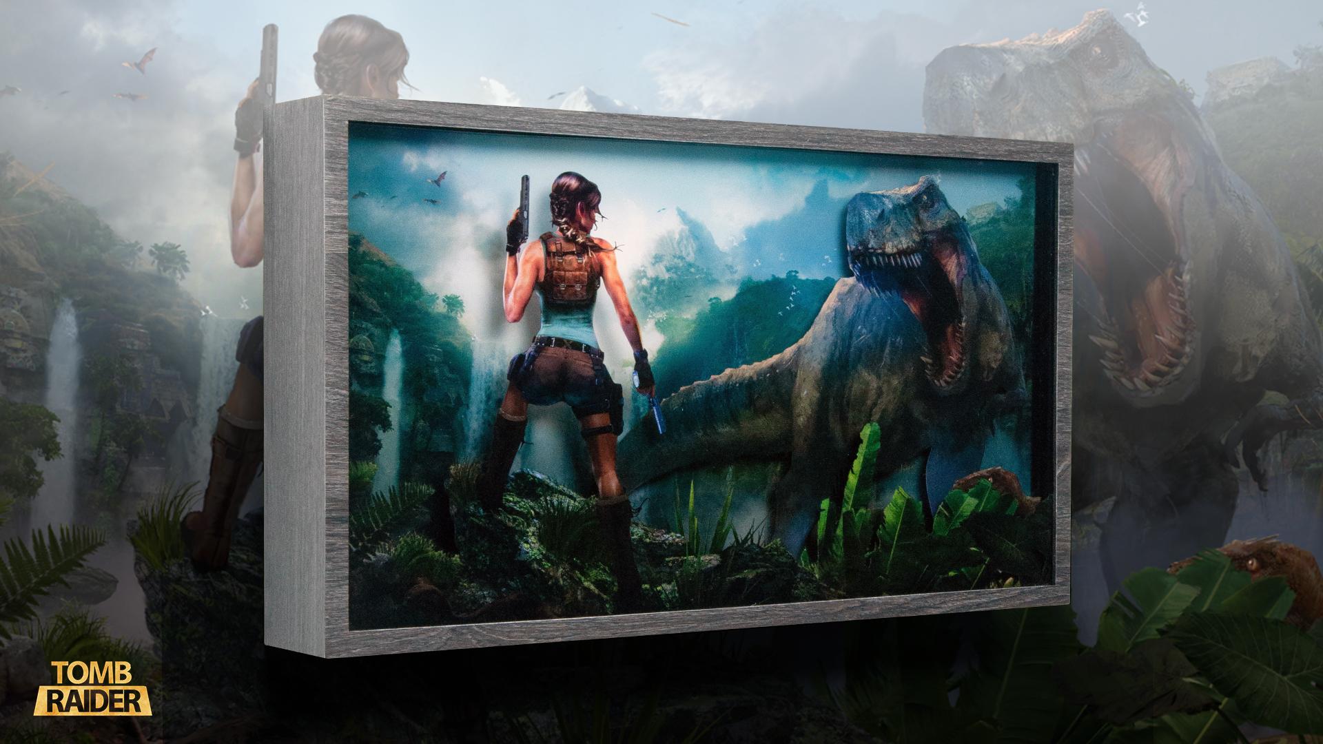 The Tomb Raider Lost Valley Shadowbox, a multi-layered light-up artwork feat. Lara Croft and a T-Rex.
