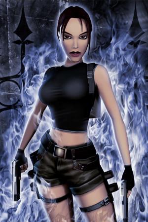 Lara Croft as depicted in The Angel of Darkness standing in front of an iron fence with purple flames surrounding her. 