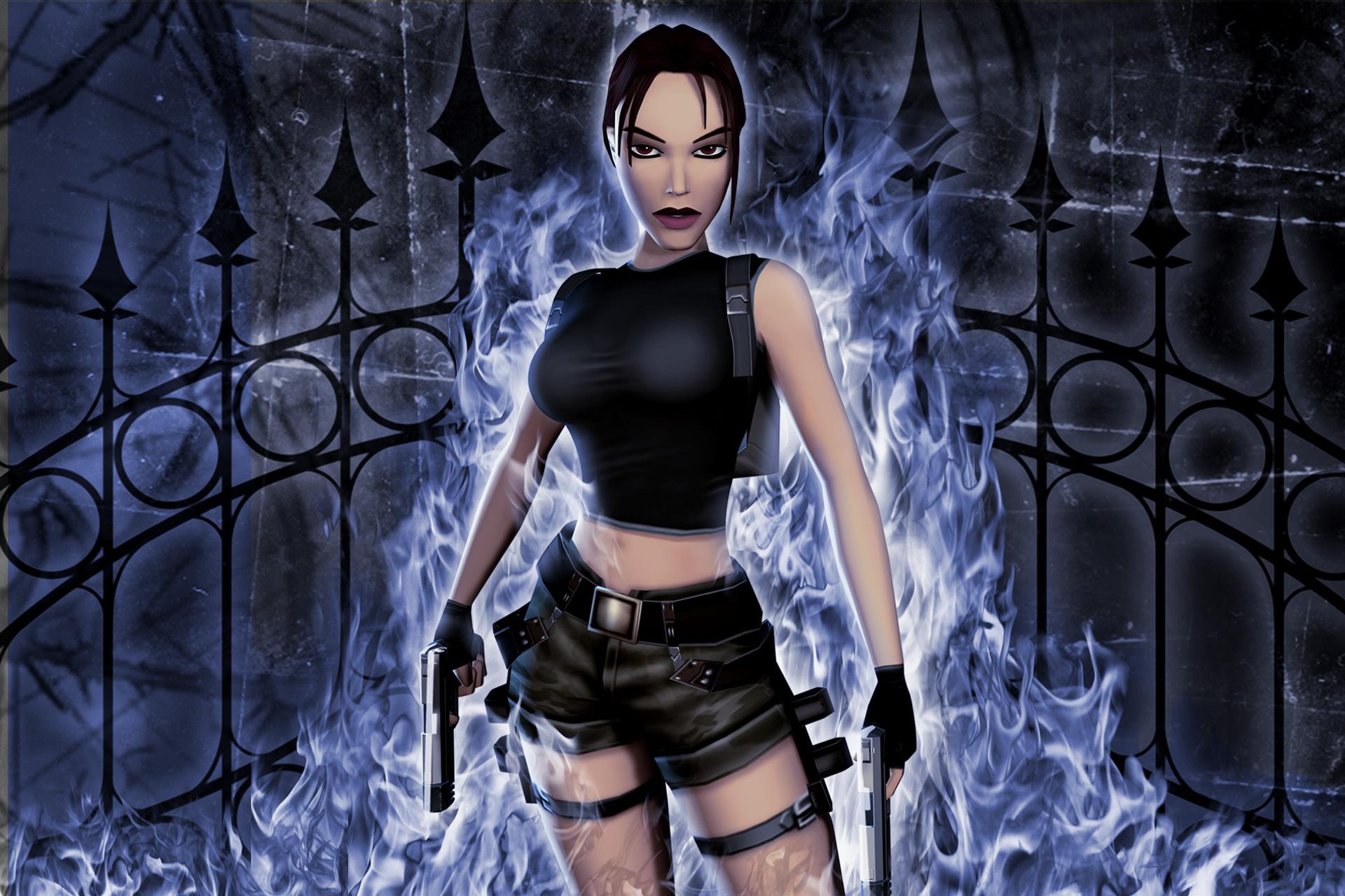 Lara Croft as depicted in The Angel of Darkness standing in front of an iron fence with purple flames surrounding her.