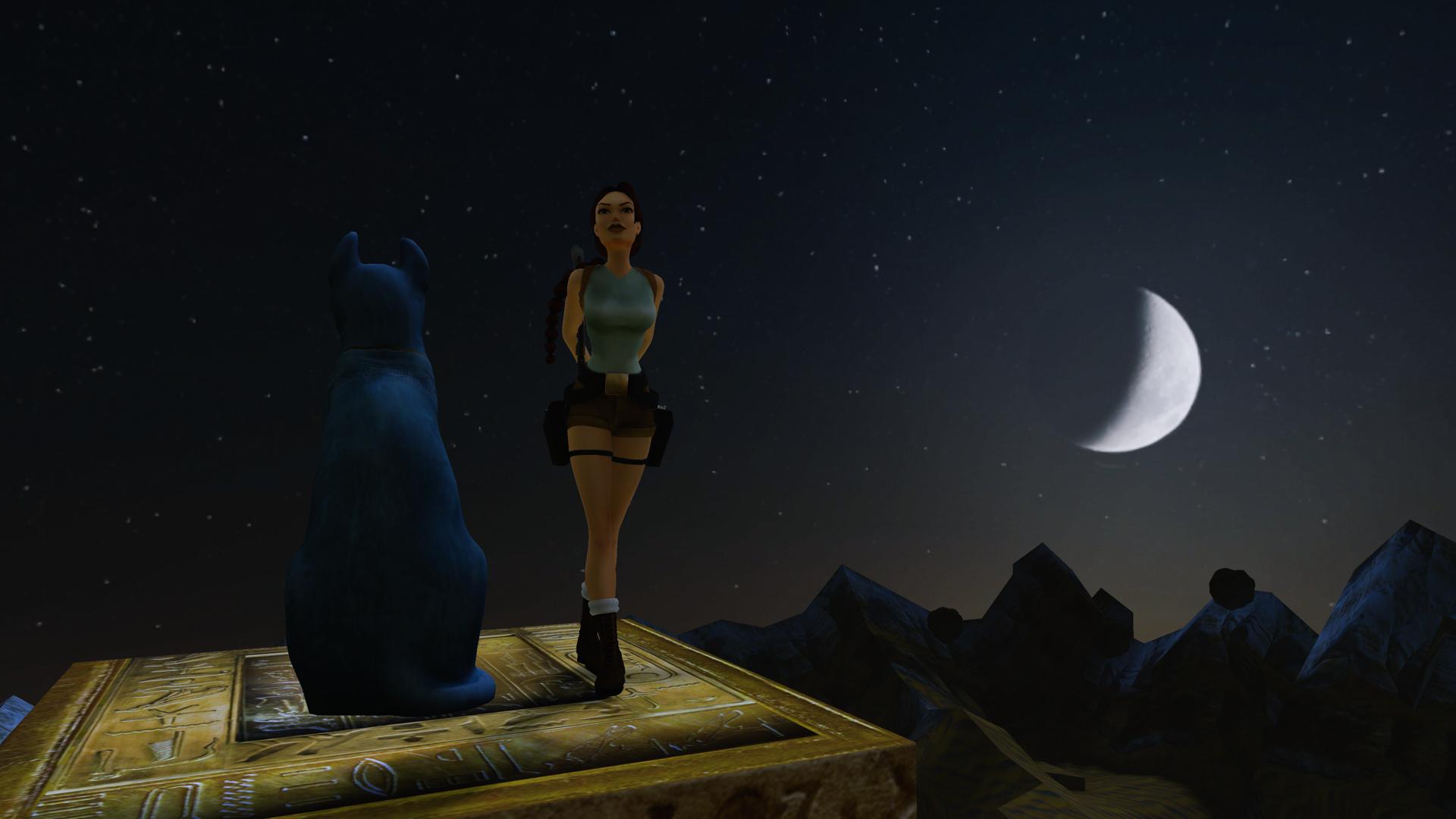 A Photo Mode shot of Lara Croft with the night sky in the background.