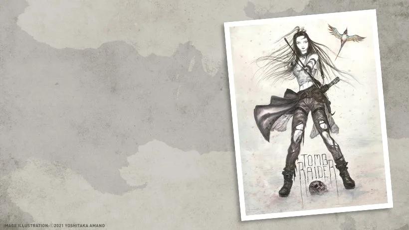 An artistic black and white illustration of Lara Croft from "Tomb Raider," posed dynamically with a bow and arrow, alongside a flying bird, on a textured background.