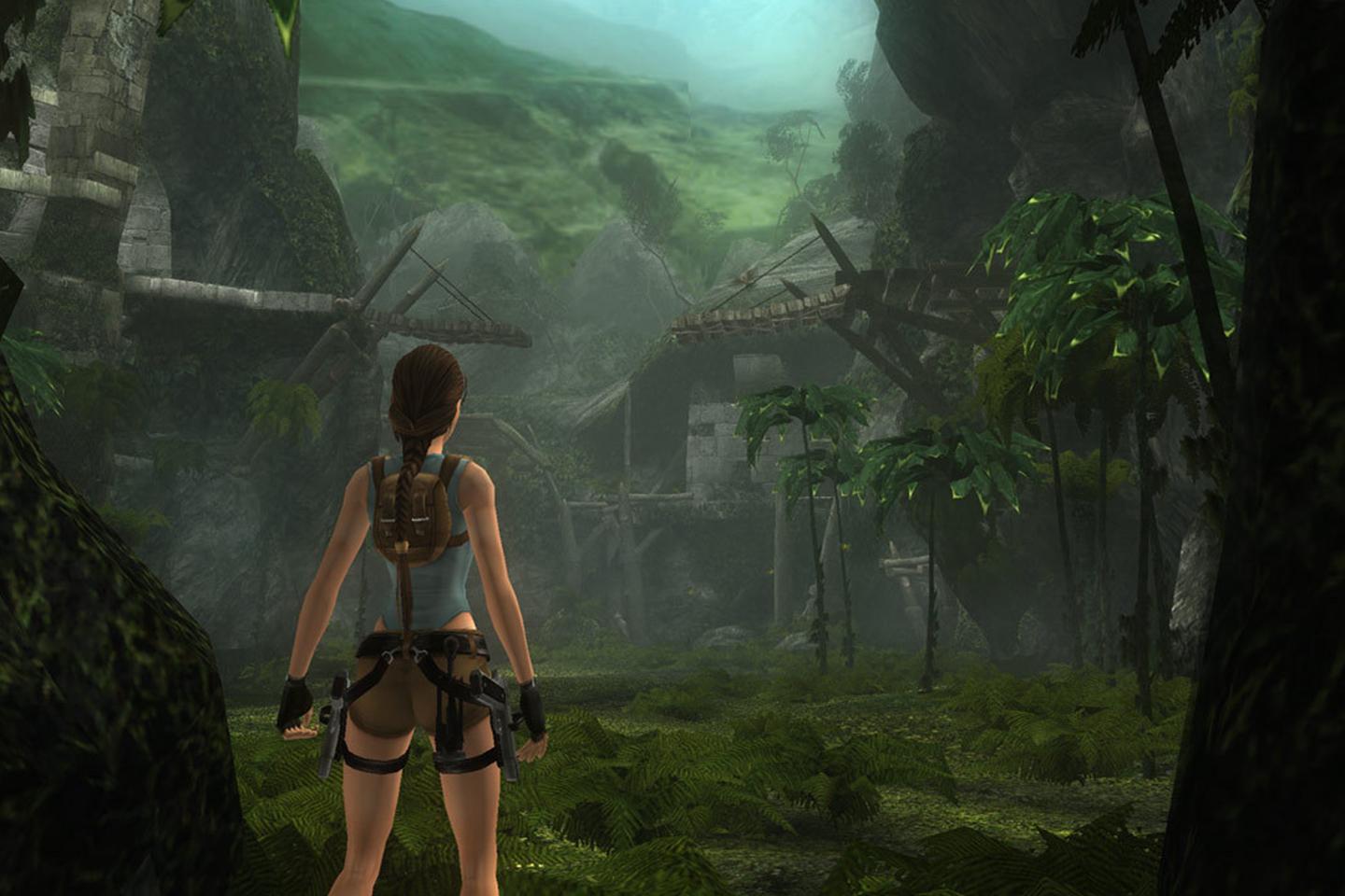Lara looking out over mossy ancient village.