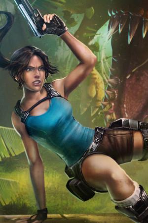 Lara Croft hopping over a log as a T-Rex rushes out from behind her.