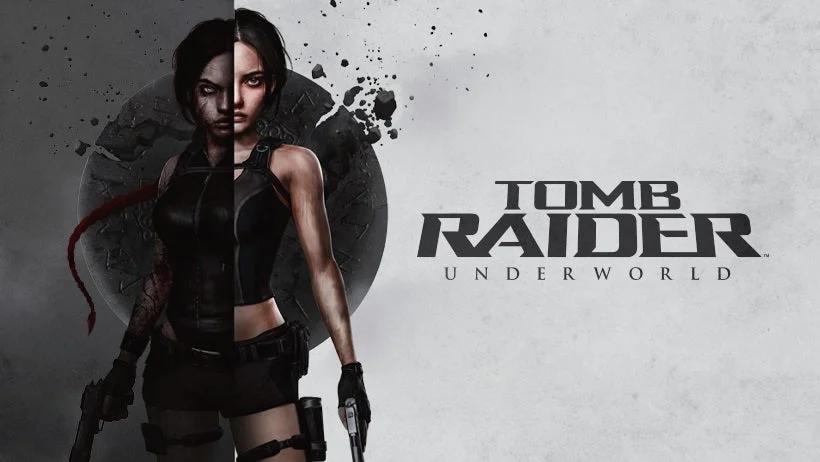 A promotional art piece for "Tomb Raider Underworld" featuring a close-up of Lara Croft with a dramatic, splattered ink background.