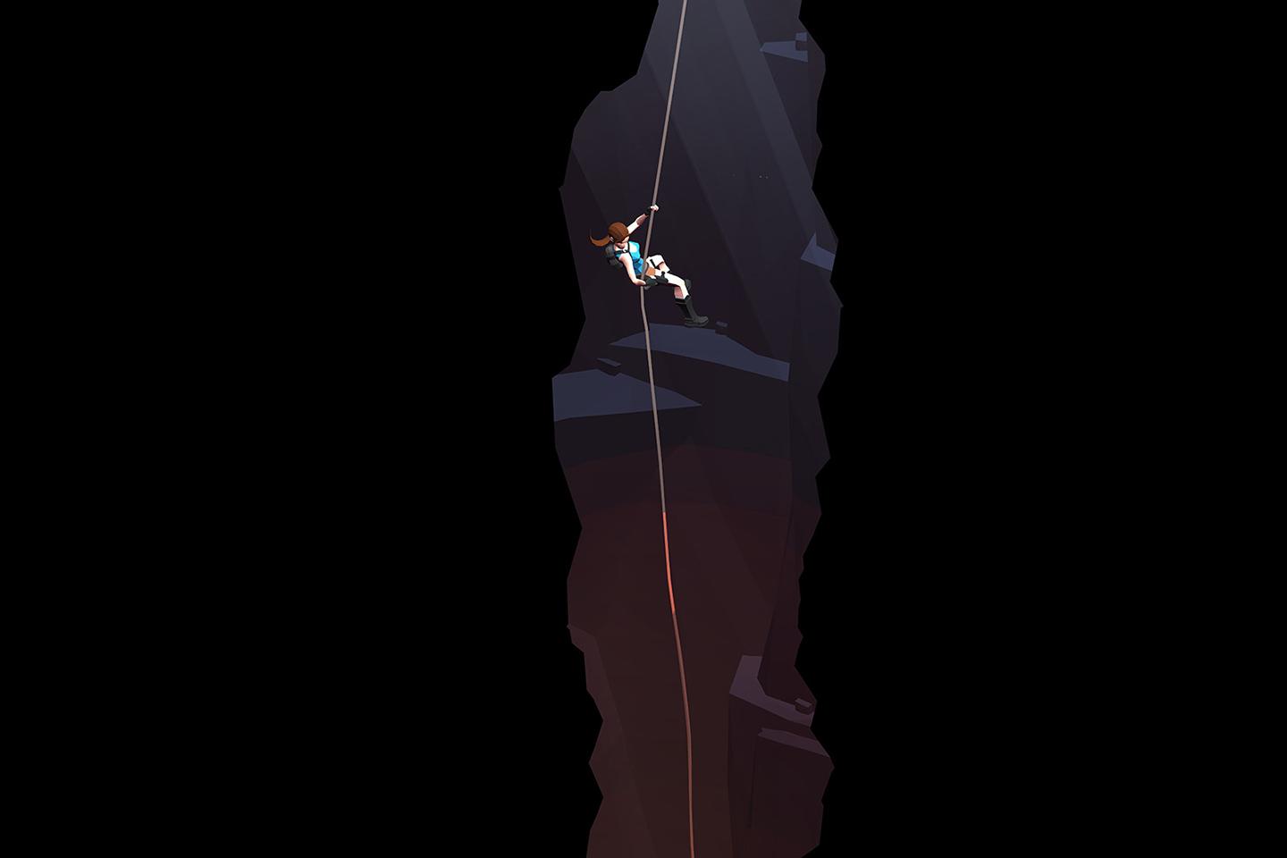 A minimalist game scene with a character rappelling down a deep chasm, highlighted by a single beam of light against the surrounding darkness.