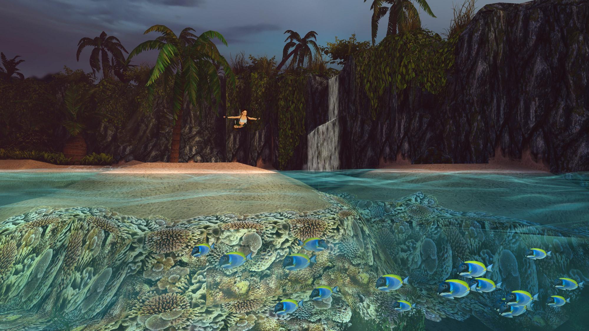 Lara swandiving into the sea.