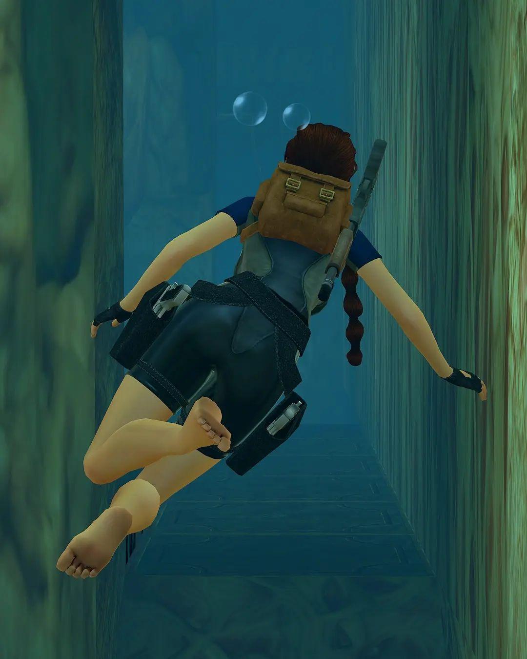 Photo Mode screenshot of Lara Croft swimming in Tomb Raider I-III Remastered.