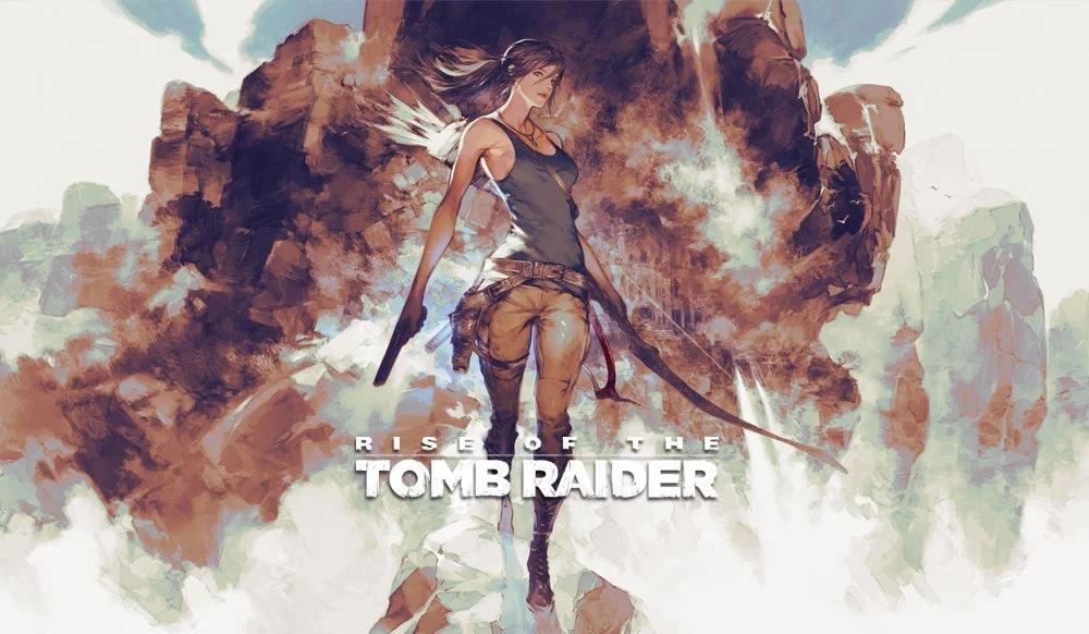 An artistic promotional poster for "Rise of the Tomb Raider," featuring Lara Croft with a pickaxe in front of a rocky explosion, rendered in a pastel color palette.
