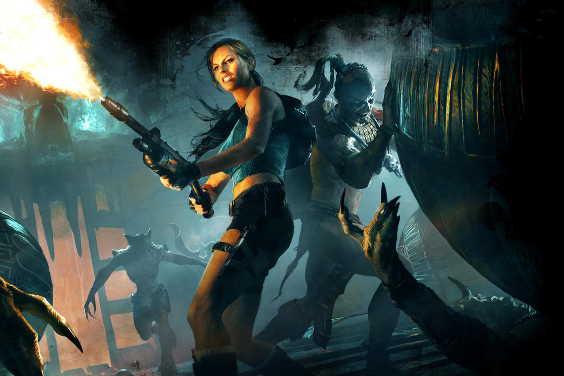 Lara Croft holding a flamethrower in a dark and moody room. 