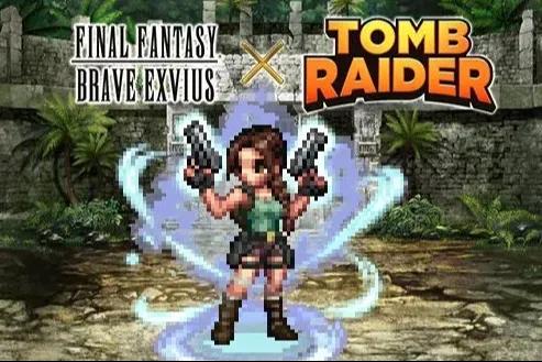 A crossover promotional image for "Final Fantasy Brave Exvius" featuring a pixel art representation of Lara Croft from Tomb Raider within the game's environment.