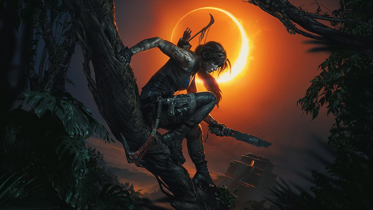 An agile warrior, Lara, with a bow perched high in a tree, silhouetted against a large, ominous red eclipse in a dark, jungle setting.