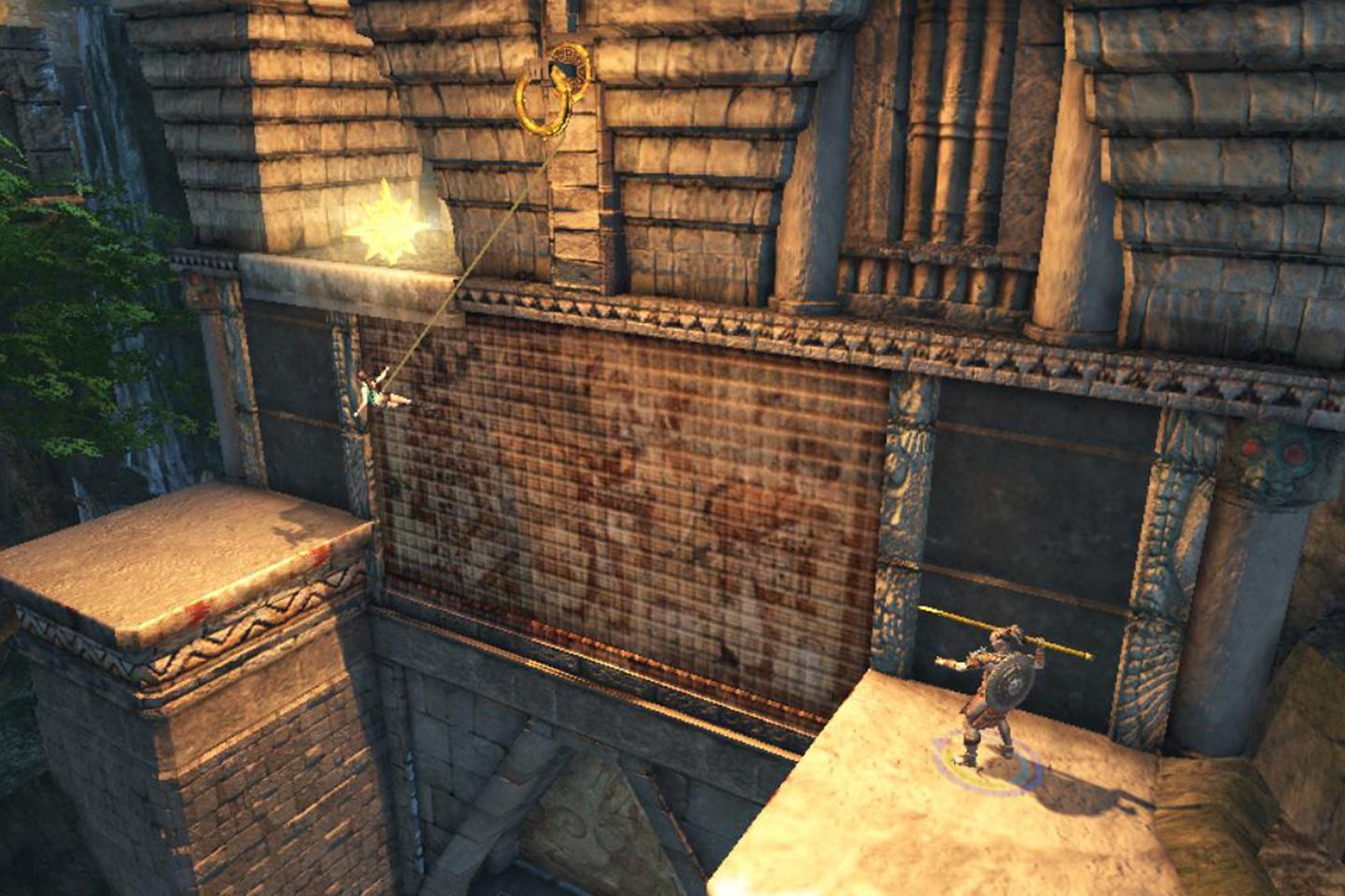 Lara Croft grappling across a gap between ancient buildings, with sunlight casting dramatic shadows, in a classic puzzle-platforming moment from a Tomb Raider game.