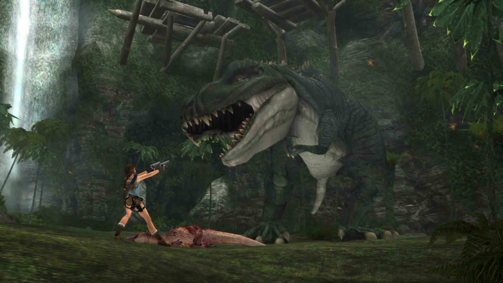 Screenshot of Lara Croft fighting the T-Rex in Tomb Raider: Anniversary.