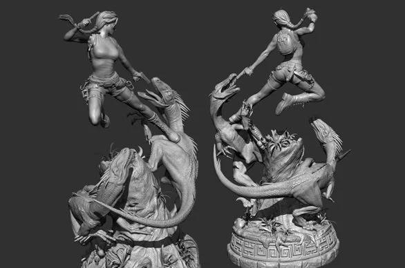 A grayscale 3D sculpture featuring dynamic poses of Lara Croft in combat with mythical creatures.