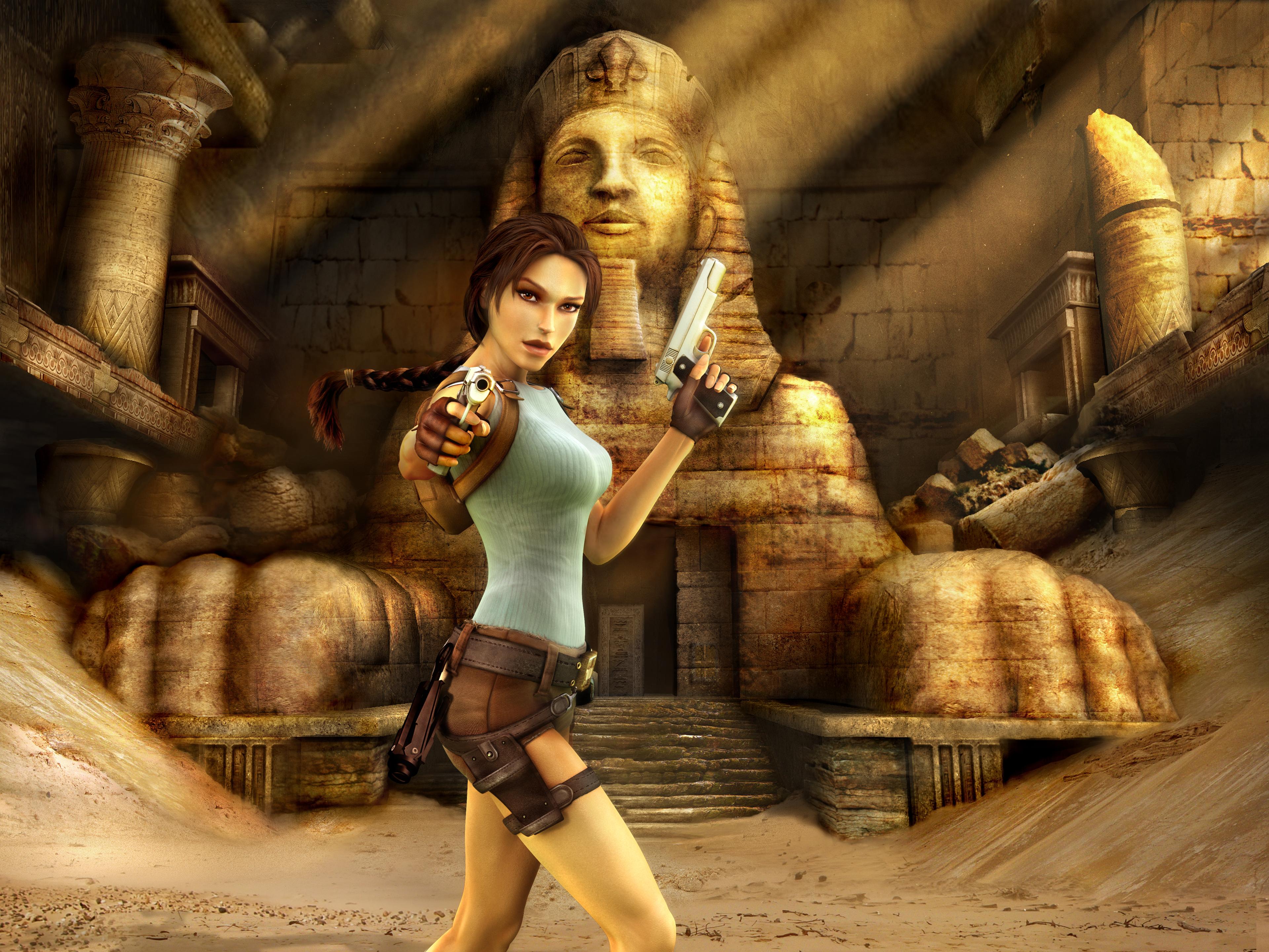 A dramatic artwork of Lara Croft in an ancient Egyptian setting, wielding dual pistols with a giant sphinx statue in the background.