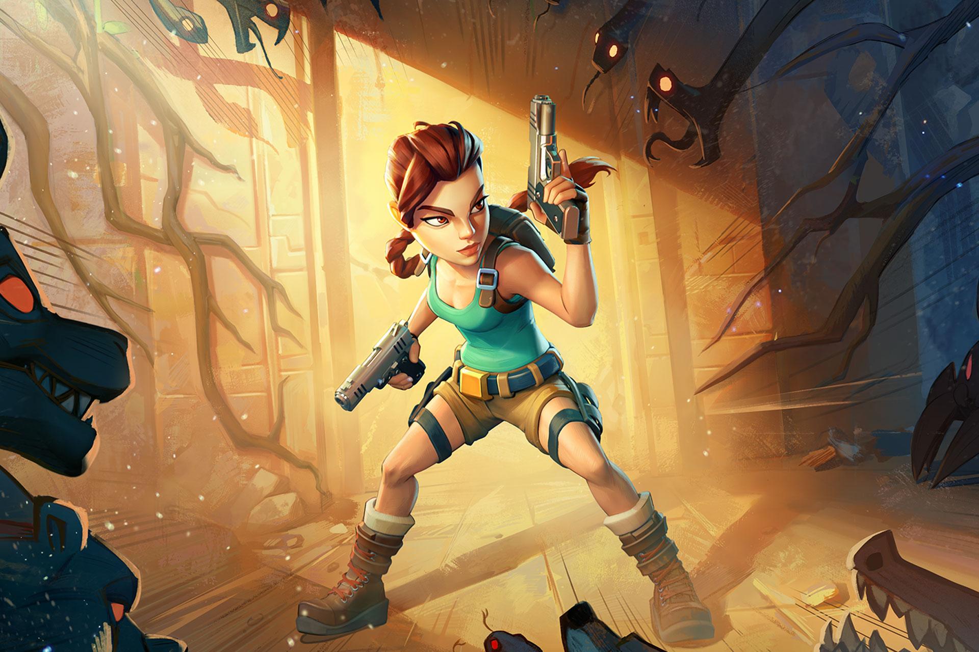 Lara Croft posed for action while enemies rush in from off screen.